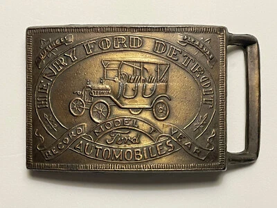 "Hebilla de cinturón Henry Ford Detroit vintage 3 1/2"" X 2 1/2" recubierta de latón" Foto 1 de 4