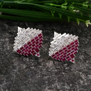14.82 TCW Lab Grown CVD Diamond Baguette Ruby Gemstone Earrings 18k White Solid - Picture 1 of 10