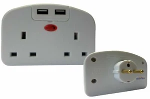 UK 3 Pin To European Europe Euro Travel Adaptor 2 Way Gang 2 USB Ports, Earthed - Picture 1 of 1