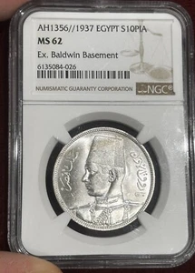 Egypt, 1356 (1937) Silver 10 Piastres, NGC MS62- Ex Baldwin Vault - Picture 1 of 2