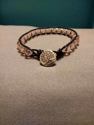 Beaded Leather Wrap Bracelet, Handmade With Pale Pink Crystal Beads - Image 1 of 4