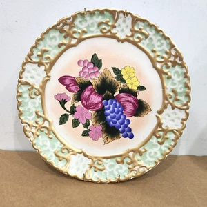 Plato de gabinete de porcelana de hueso vintage decoración de pared flores de frutas - Imagen 1 de 5