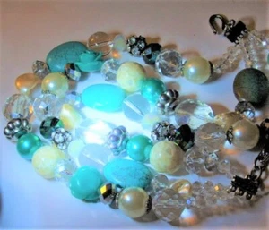 "RUN WAY" Turquoise Silver MOP Rhinestone AB Glass Crystal Rose Pearl Necklace - Picture 1 of 11