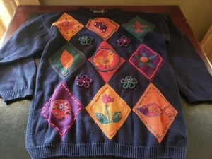 Suéter/suéter de algodón vintage azul marino diseño de pollo mexicano #320 Sm. - Imagen 1 de 12
