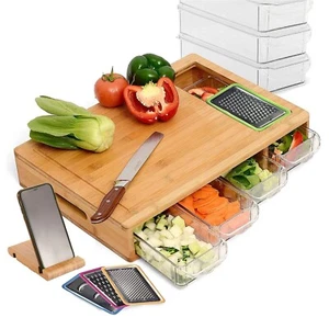 Bamboo Cutting Board Meat Cheese Olives Wine Knife Set 4 Container Serving Tray - Picture 1 of 10