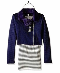 Beautees Girls' Big 2 Pc. Moto Jacket with Sherpa and Heart Screen Tee, Navy, XL - Picture 1 of 2