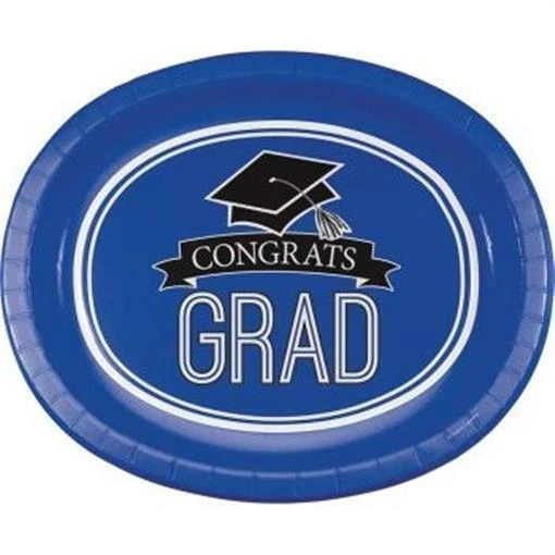 School Spirit 12 Inch Oval Paper Plates Cobalt Blue 8 Pack Grad Party Tableware - Image 1 of 1