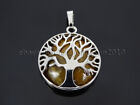 Natural Gemstone Reiki Chakra Tree of Life Round Pendant Charms Silver Plated