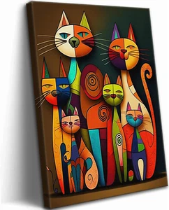 Abstract Cat Canvas Wall Art Colorful Cartoon Animal Painting Picture Wall Decor - Picture 1 of 12