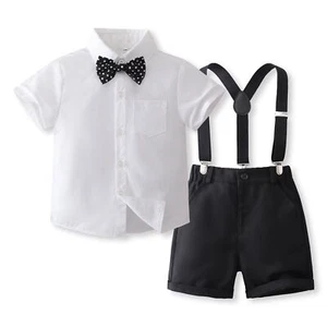 Baby Clothes Gentleman Suit Style Short Sleeve Shirt + Bowtie + Short Suspenders - Picture 1 of 5