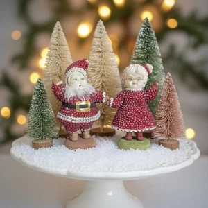 Vintage Beaded Santa & Mrs Claus Figurines – Hand-Pinned Sequins, Flocked Bases, - Picture 1 of 16