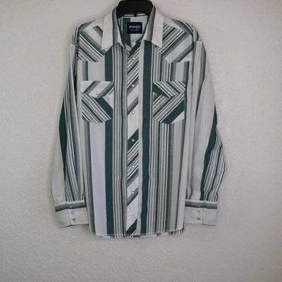 Wrangler Western Shirts Cowboy L Green White Stripes Pearl Snaps Long Sleeve - Image 1 of 4