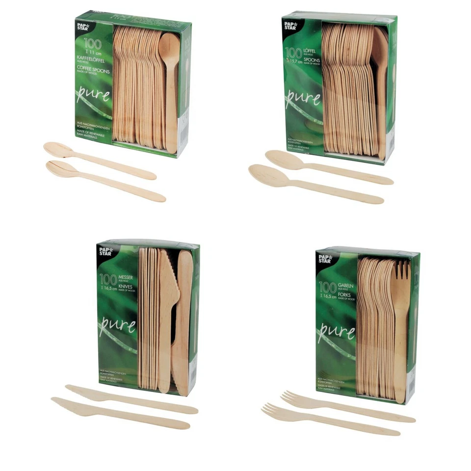 PAPSTAR pure Einweg Besteck Holz Gabeln Messer Löffel Kaffeelöffel Auswahl