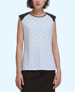 DKNY Dotted Faux Leather Trim Top Tee - Light Blue, Black Dots Size Large *NEW* - Picture 1 of 2