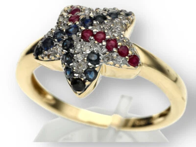 Saphir Rubin Diamant Damen Ring "Stern" in 585 Gelbgold - Bild 1 von 4