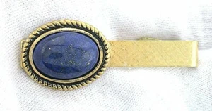 2 INCH  18x13 OVAL LAPIS CAB GEMSTONE GOLD COLOR TIE SPRING CLIP TIE BAR EPTT417 - Picture 1 of 2