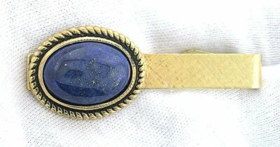 2 INCH  18x13 OVAL LAPIS CAB GEMSTONE GOLD COLOR TIE SPRING CLIP TIE BAR EPTT417 - Image 1 of 2