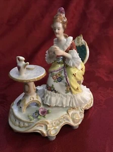 Vintage Dresden Volkstedt Porcelain Figurine Seated Lady Tea Table 4.25 x 4.25" - Picture 1 of 9