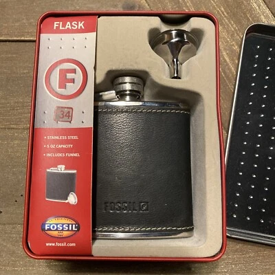 Couro genuíno fóssil 5 oz - Frasco de aço inoxidável com funil, lata N I B - Imagem 1 de 4