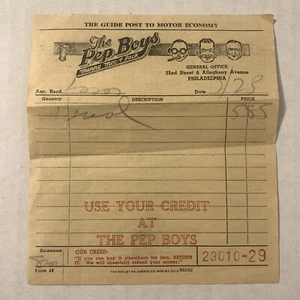 Vintage 1940s Pep Boys Paper Sales Receipt Manny Moe Jack Logo Auto Car Parts - Picture 1 of 7