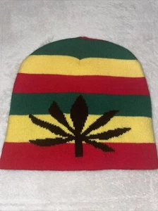 Weed Leaf Beanie - Ski Hat - Rasta Green, Yellow, Red - Winter - Picture 1 of 6