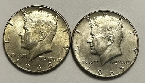 (2) Silver Kennedy Half Dollar 1969-D 1965-P, 40% Silver Coins Collectible A2016 Cover