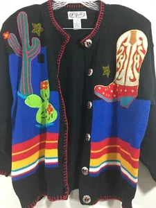Vintage P Galli Cardigan Sweater L Southwest Cowboy Boot Cactus Beaded  - Picture 1 of 5