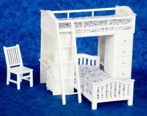 DOLLHOUSE MINIATURES WHITE BUNKBED SET WITH DESK AND CHAIR #T5358 - Image 1 of 1