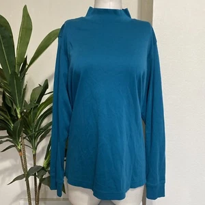 Lands End Mock TurtleNeck Top Women’s Plus 2X 20/22W Teal Cotton L/S Classic ** - Picture 1 of 11