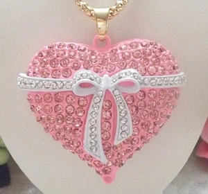 BETSEY JOHNSON SPARKLING PINK HEART BOWTIE LONG CHAIN PENDANT NECKLACE - Picture 1 of 4