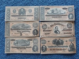 LOT OF SIX FACSIMILE CONFEDERATE NOTES $1;$5;$10;$20;$50+$100 RICHMOND 1864 - Picture 1 of 2