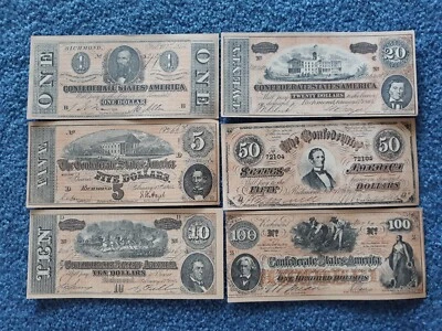LOT OF SIX FACSIMILE CONFEDERATE NOTES $1;$5;$10;$20;$50+$100 RICHMOND 1864 - Image 1 of 2