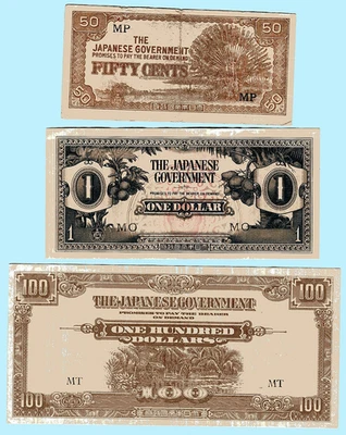3 Pieces of Japanese Invasion Money for Malaya including the rarer $100 note - Image 1 of 2