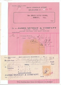 Old Receipt Invoice from James Munday & Co with Victoria 2d Stamp Duty 1931 - Foto 1 di 1
