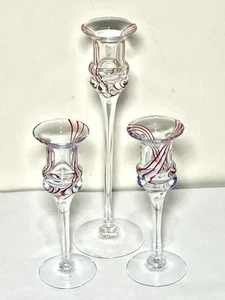 Vintage 3 Candle Holders Caithness Red/White Swirls 5-3/4” - 8-1/2” Tall Crystal - Picture 1 of 7