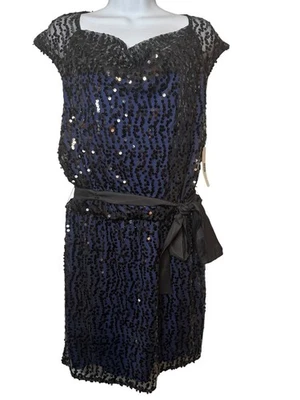 Laundry by Design 连衣裙 12 蓝色黑色亮片覆盖垂褶圆领迷你全新带标签 — 第 1/4 张图片