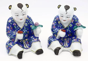 Par de 6 1/2" Figuras Asiáticas De Colección Sosteniendo Flores Estatuillas Orientales Buda - Imagen 1 de 9