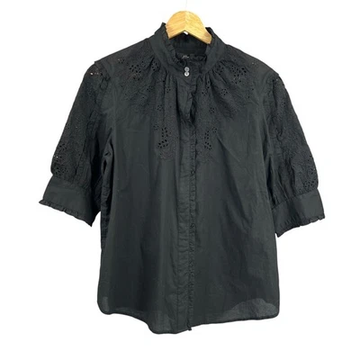 Blusa J Crew Negra Ojales Manga Abullonada Top Cuello Volantes Blusa Negra Talla S Nueva Foto 1 de 4