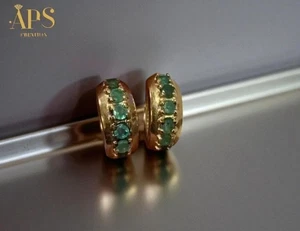 Lab Created Emerald 3Ct Round Cut Hoop Clip-On Earrings 14K Yellow Gold Plated - Picture 1 of 6
