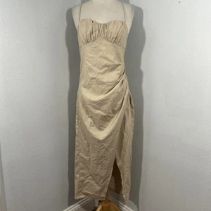Zara Midi Dress Womens Small Beige Linen Babydoll Slit Beach Vacation - Picture 1 of 10