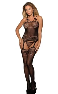 Sexy Catsuit Einteiler Spitze Strapse Transparent Schleifchen Nylon Dessous S/XL - Bild 1 von 8