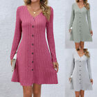 Womens Long Sleeve Button Jumper Dress Ladies V Neck Mini Dresses Plus Size !