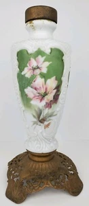 Antique Milk Glass Floral Parlor Banquet Lamp Ornate Cast Iron Base Salvaged 16" - Picture 1 of 9