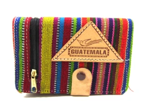 Guatemala Huipil Leder Geldbörse Doppelfaltung handgewebt 5" Maya hell - Bild 1 von 9