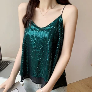 Women Glitter Shiny Sequins Vest Camisole Tank Tops Strap Party Clubwear - Picture 1 of 15