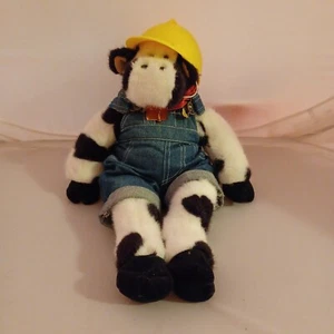 Build a Bear Cow Black White Plush 18” Blue Denim Overalls Bell Hard Hat Farmer - Picture 1 of 8