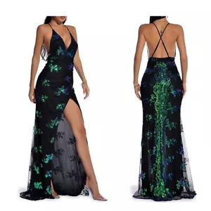 Women Sequin Maxi High Slit Strappy Dress Evening Party Banquet Cocktail Floral - Picture 1 of 14