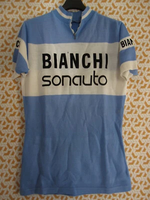 Maillot Cycliste Bianchi Sonauto Bleu et blanc vintage Acrylique 70'S Jersey - M - Photo 1/4