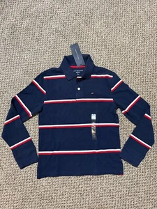Tommy Hilfiger Boy Long Sleeve Stripe Polo Shirt Navy Blue Medium Size 8-10 New - Picture 1 of 4