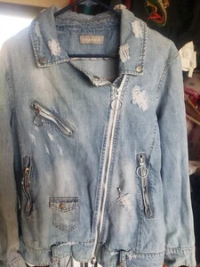 BAGATELLE Jacket Womens Medium, Blue Oversized Distressed Denim Biker isometric - Picture 1 of 12